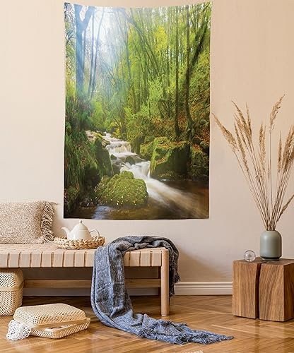 ABAKUHAUS Grün Wandteppich und Tagesdecke, Wald in Golitha Falls aus Weiches Mikrofaser Stoff Waschbar ohne Verblassen Digitaldruck, 140 x 230 cm,Braun Grün