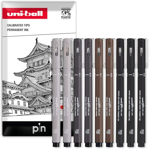 Uni Pin Fineliner ritpennor set med 9 st. svarta mörkgrå och sepia 0,1/0,5 mm