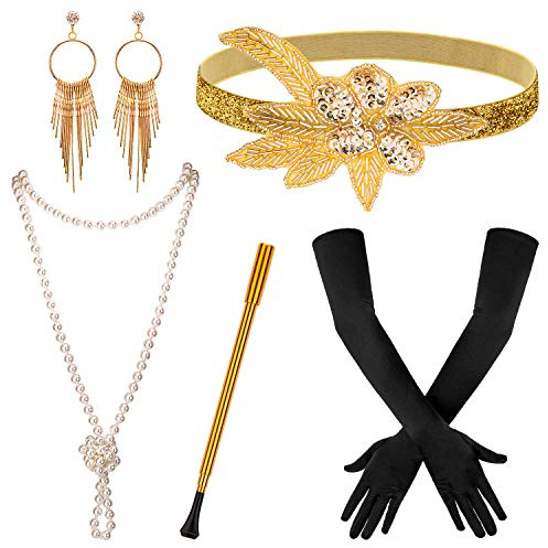 5pcs 1920s Flapper Accessories 20s Gatsby Costume Accessories Set for Women Headband Earrings Pearl Necklace Gloves Gold…