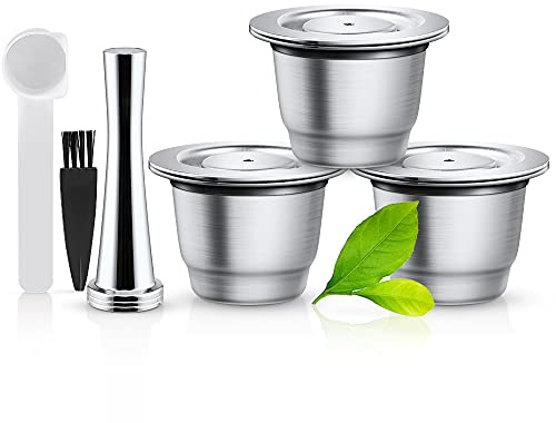 Kaffeekapseln Kapseln wiederverwendbar Edelstahl Kompatibel mit Nes presso, 3 Stück wiederbefüllbare Pads für Nes presso+ 1 Tamper + 1 Löffel+1 Bürste+Set mit 3 Ersatz-O-Ringen aus Silikon für Kapseln