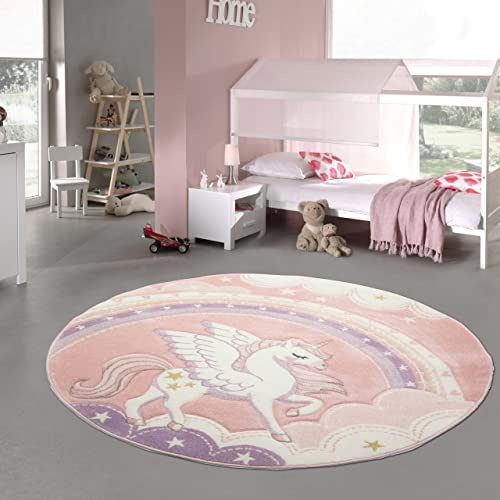 Teppich-Traum kreisförmiger Kinderzimmer Spielteppich • strapazierfähig • Einhorn Regenbogen Wolken Creme rosa, Größe 120 cm rund