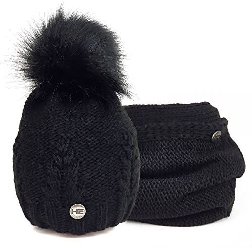 Horsenjoy Wintermütze mit Schal Mirella mit Fell-Bommel Fleece Innenfutter Damen Bommelmütze Made in EU (schwarz)