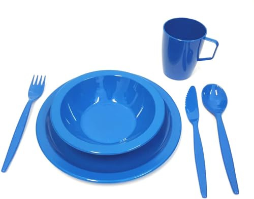 Harfield Camping Tableware Blue Dining Set - Plate, Bowl, Beaker and Cutlery - Reusable Virtually Unbreakable Polycarbonate Plastic