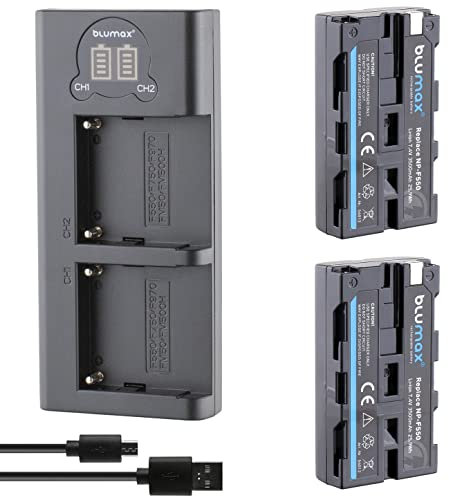 Blumax 2X Akku NP-F550 / NP-F750 3500mAh LG Zellen + Dual-Ladegerät LCD | kompatibel mit Sony NP-F570 NP-F530 für Blitzgeräte Videoleuchten Fieldmonitore