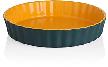 Sweejar Home Ceramic Pie Dish, 24cm Round Wavelet Fringe Pan for Baking, Non-Stick Plate for Pumpkin, Apple Pies (Blue & Yellow)