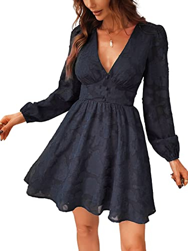 CUPSHE Damen Kleid Spitzenkleid V Ausschnitt Knöpfen Langarm Floral Spitze A Linie Freizeitkleider Elegant Party Mini Dress Navy M