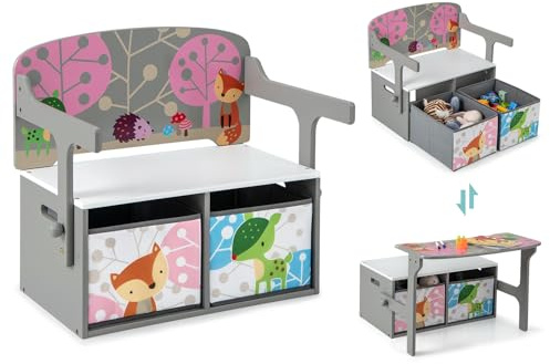 RELAX4LIFE 3 en 1 Baúl Juguetes Infantil de Madera, Juego de Mesa y Silla Infantil con Banco Convertible, Caja Almacenaje, Respaldo y Reposabrazos, Mesa y Sillas para Niños 3-7 Años (Gris)
