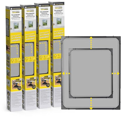 EASYmaxx Insect Protect | Teleskop-Insektenschutzgitter | Fliegengitter Fenster | mit vormontierten Rahmen | ausziehbarer Insektenschutz | integriertes Netz | anthrazit | 4er-Set