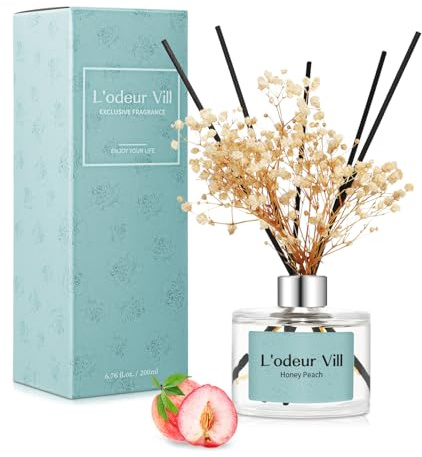 L'odeur Vill Reed diffusorset, 200 ml (75 oz) persikodoftspridare med 6 oljespridningspinnar, hemdoft eterisk olja vass diffusor för hem stora rum badrumshylla dekor