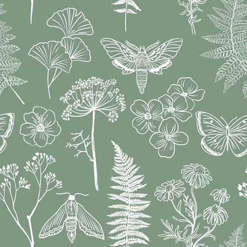 VEELIKE Sage Green Floral Wallpaper Boho Butterfly Fern Botanical Wallpaper White Leaf Contact Paper for Walls Patterned Sticky Back Plastic Roll Bedroom Bathroom Cabinets 44.5cm x 300cm