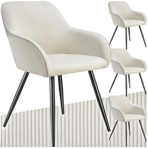 tectake® 4X Esszimmerstuhl, Sessel bequem mit Armlehne, Polsterstuhl, Cord Cocktailsessel, Loungesessel für Wohnzimmer, Esszimmer, Moderne Küchenstühle, Bürostuhl - Creme/schwarz