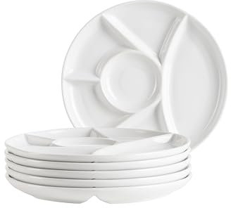 MÄSER Juego de 6 platos de fondue para 6 personas, plato para fondue, fiesta, barbacoa, con prácticos divisiones, versátil, atemporal, porcelana blanca, 21,5
