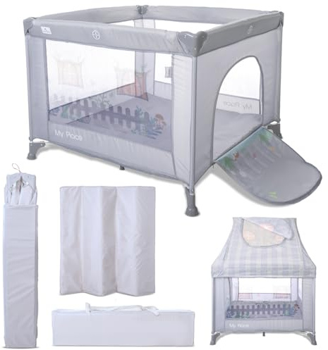 Lorelli Baby Laufstall My Place mit Dach, kleiner Laufgitter 100x100 cm, Absperrgitter mit atmungsaktivem Netz, Schutzgitter mit Reißverschlusstür, faltbarer Krabbelgitter, Grau