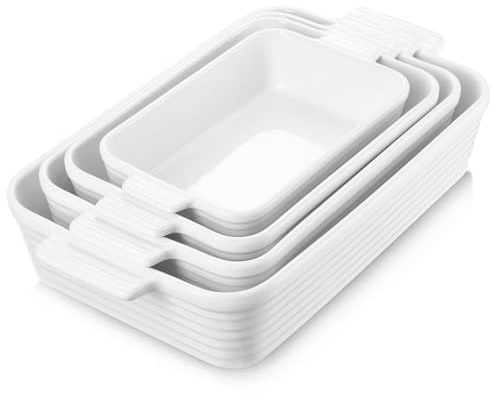 Jassceram Casserole Dishes for Oven, Porcelain Baking Dishes Set of 4, Rectangular Ceramic Casserole Dish with Handles, Deep Lasagna Pan for Kitchen Baking, 9.6 to 15.2, Nesting Design, White