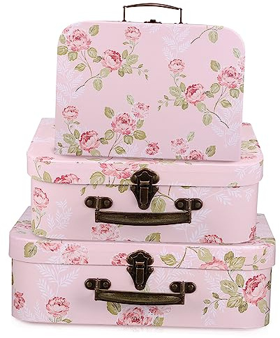 BATHVEVE Cajas De Cartón Para Flores Asas Metálicas y Estampado Vintage, Set De 3 Piezas Para Fiestas, Aniversarios y Almacenamiento