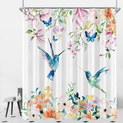 Lerores - Tenda da doccia 120 x 200 cm, motivo fiori rosa e uccellino, orlo appesantito, in tessuto antimuffa impermeabile, lavabile, in poliestere, con 8 occhielli e anelli per tenda da doccia, per
