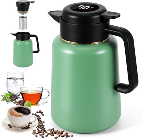 1.5L Thermoskanne mit Teesieb, Edelstahl Isolierkanne Kaffeekanne mit Temperaturanzeige, Teekanne Thermo mit Siebeinsatz Doppelwandige Vakuumisolierung für Kaffee, Tee und Milch