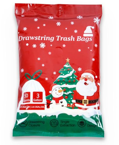 AOMKES 3 Gallon Christmas Gold Trash Bags – 50 Count Small Christmas Printed Drawstring Garbage Bags, Festive Printed Waste Bin Liners, Holiday Christmas Supplies for Bathroom, Party Cleanup, Gold