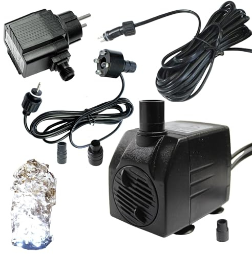 Arnusa Springbrunnenpumpe mit 1x LED Quellsteinbeleuchtung kaltweiß Spot Teichpumpe Wasserpumpe Bachlaufpumpe 12V IP44 Steckernetzteil (800 l/h)