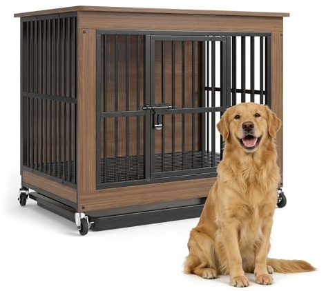 Hundekäfig für Zuhause XXL mit Rollen Bodenwanne große/mittlere Hunde für den Innenbereich Holz Metall möbel Hundemöbel (100x67x89.5cm)