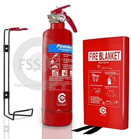FSS UK Premium 1 KG ABC Dry Powder BSI KITEMARKED FIRE Extinguisher with KITEMARKED Hard CASE 1 M X 1 M FIRE Blanket. for Homes Boats Kitchen Offices Warehouses Hotels Restaurants