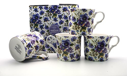 FINE BONE CHINA SET OF 4 MUGS GIFT BOXED SUMMER PANSY MUGS FREE UK DELIVERY