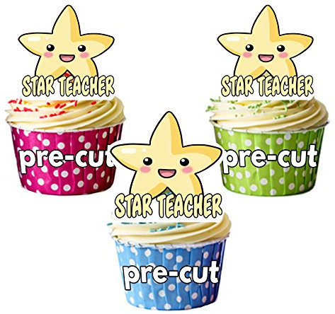 AK Giftshop PRECUT Thank You Teacher - Star Teacher Edible Cupcake Toppers/Cake Decorations (Pack of 12)