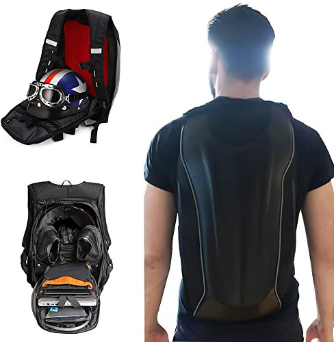 JFG RACING Motorrad Rucksack,Helm Rucksack Wasserdicht,Gepäcktasche Multifunktionstasche,Hartschalen Rucksack Kohlefaser für Fahrradtasche Supermoto Straßenmotorrad Rennmotorrad Schwarz