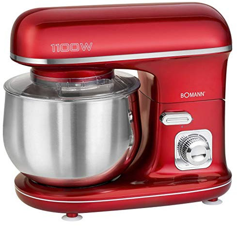 Robot de cocina con bol de acero inoxidable, 5 litros, amasadora, color rojo (1100 W, batidor, varillas, gancho para amasar, soporte seguro)