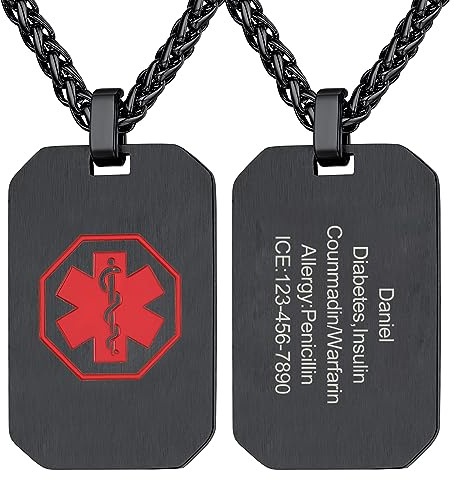 Supcare Collar Personalizado Medical Cruz Roja Acero Inoxidable 316L Hombre Chapa Militar Negro Nombre Texto Teléfono Enfermera Grabado Regalo Abuelos Nietos de Emergencias