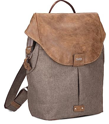 Zwei Damen City-Rucksack Olli O12 Rucksack (7 L) im Retro-Look mit Blumenanhänger im Canvas-Style mit Lederoptik, Hauptfach mit Reißverschluss, gepolstertes Laptopfach, wasserabweisend (wood)
