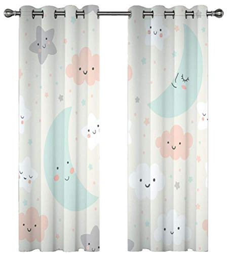 PANDAWDD Blackout Ojal Superior Cortinas - Estrellas, Luna, Nubes para Familia Niños Adolescentes Utilizado En Dormitorio, Habitación Infantil O Cuarto De Estar,Se Vende como 2 Paneles