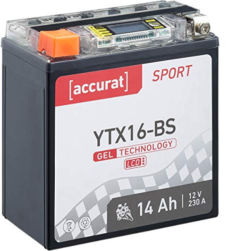 Accurat Motorradbatterie YTX16-BS, Gel, 12V 14Ah, LCD-Anzeige, wartungsfrei | kompatibel mit YTX16-4, zyklenfest, rüttelfest, Starterbatterie, Erstausrüsterqualität, vorgeladen