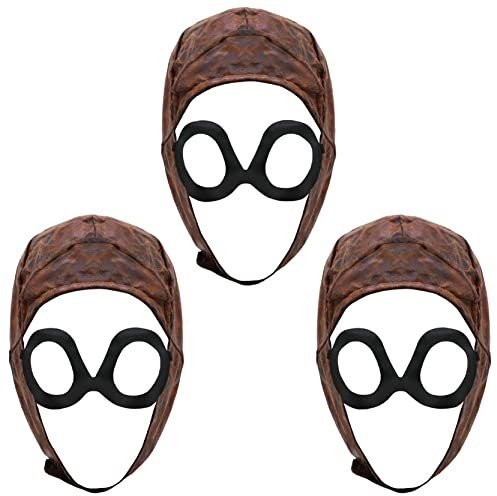 Cappello da aviatore per adulti VE Day, marrone anni '40, effetto pelle invecchiata, con paio di occhiali attaccati, accessorio per costume da pilota della seconda guerra mondiale, confezione da 3