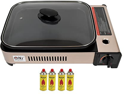 NJ Portable Gas BBQ Deep Dish Grill Stove Tabletop Camping Cooker Non-stick Pan Glass LID (Gas Grill + 4 Canisters)