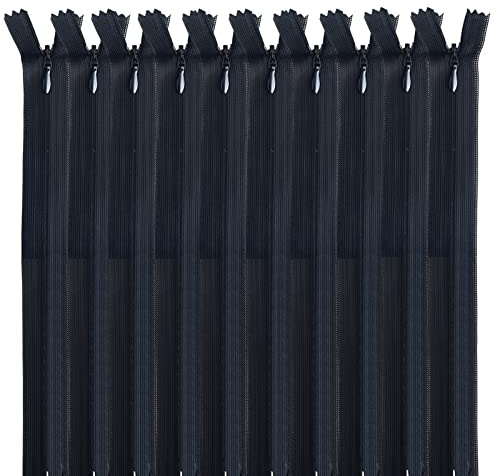 MARARDI [Pack 10] osynliga dragkedjor [svart] nylon [22 cm] klädsömnad tygpåsar i bomull, läder, plast, för symaskin med dragkedja med metalllås