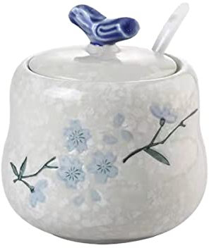 LLDAYU Porcelain Sugar Bowl,13.5 Ounces hand drawn Cherry blossoms Ceramic Sugar Bowl, With Lid and Spoon, Storage Salt Jar, Seasoning bowls,（Blue sakura）