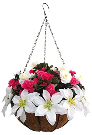 Haus und Hof Hübsche Seide Künstliche Weiße Rose Rote Azaleen Blume Und Künstliche Weiße Weihnachtsstern Feiertagsdekoration DIY Kette Hängender Korb (Big Basket)