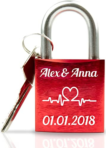 Geschenkfreude Liebesschloss mit Gravur und Schlüssel - rot - Herzschlag | Geschenke für Paare, Pärchengeschenk, Liebesschloss mit Gravur, personalisiertes Liebesschloss, Valentinstagsgeschenk