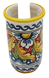 Portabicchieri piccolo in ceramica siciliana giallo rosso blu di santo stefano di camastra decorata a mano Fiore rosso Art 18