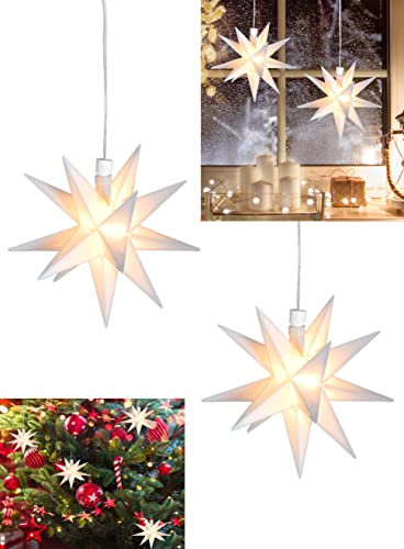 Stephans Möbelbörse 2x LED 3D Leuchtstern zum hängen - Ø12cm - Weihnachtsstern beleuchtet Fenster Deko Advent Stern - mit Batterie und Timer Weiß