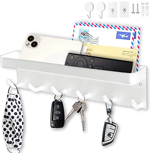 Echehi Schlüsselhalter mit 6 Haken, Einfach zu Installierende Schlüsselbrett Ohne Bohren, Metall Schlüsselablage, Garderobe, Briefständer, Geeignet für Eingangsbereiche und Hinter Türen. Weiß