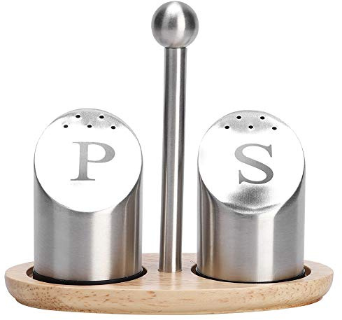 Salero y Pimentero con Soporte, Duradero Dispensador de Especias Versátil de Acero Inoxidable con Pequeños Orificios Tapa Sazonador Botellas para Sal, Pimienta, Ají Picante