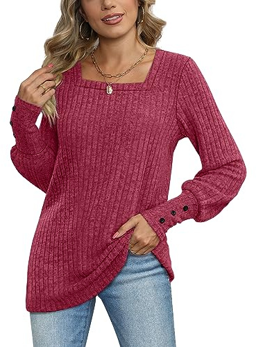 Aokosor Jersey de manga larga para mujer, cuello cuadrado, túnica con botones, fucsia, M
