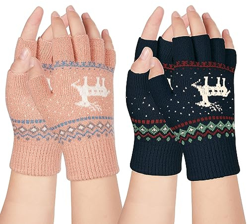 Kiiwah 2 Paires Gants Sans Doigts, d'Hiver Gants Demi Doigts, Tricot Mitaines Gants Doigts, Extensibles Chauds Demi Doigts Mitaines Gants pour Hommes Femmes