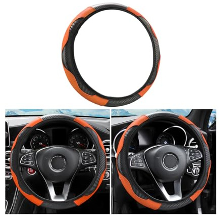 CGEAMDY Couvre Volant en Cuir Microfibre 37-38cm, Orange Patchwork | Antidérapant, Respirant, Élastique, Protège contre L'usure, Prise en Main Confortable, Accessoires Intérieur Voiture