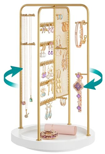 SONGMICS Schmuckständer, Schmuckhalter drehbar, 4 getrennte Bereiche, Metallrahmen, Schmuckaufbewahrung für Halsketten Armbänder Ohrringe Ohrstecker Ringe, Geschenkidee, goldfarben JJS023A01