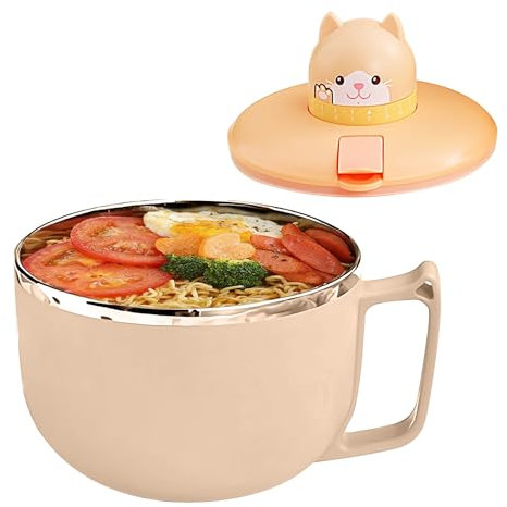 Tuzsocr Ramen Schüssel mit Deckel, Groß 1200 ml instant nudeln schüssel mit Zeitschaltuhr, 304 Edelstahl Instant Schüssel für Nudeln, Bento, Mittagessen (Katze)