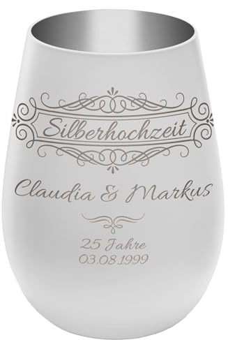 Windlicht mit Gravur ''25 Jahre Silberhochzeit'' - Weiß/Silber - Glas Teelichthalter personalisierbar mit Wunschtext - Geschenk zu Hochzeit Jahrestag Jubiläum