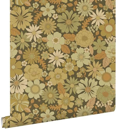 papier peint fleurs rétro vert olive grisé 50 x 900 cm - ESTAhome